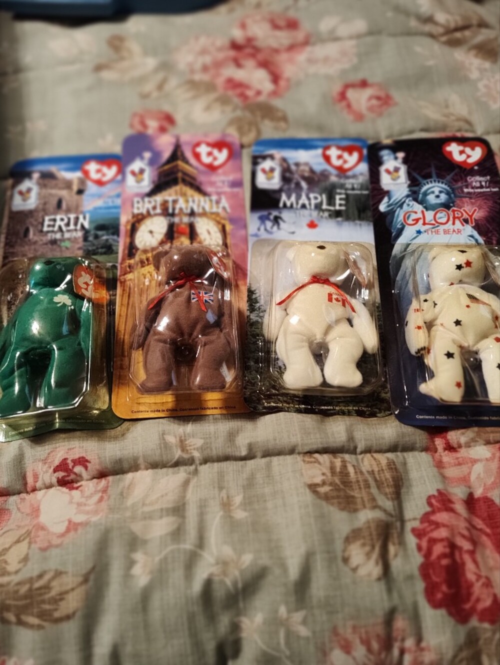 Ty Green Erin, Brown Britannia, Cream Maple & White Glory Beanie Baby Set